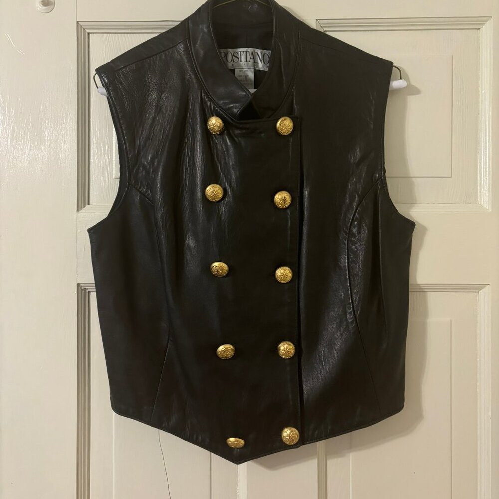 Vintage Positano Black Leather Vest Double Breasted - Size L